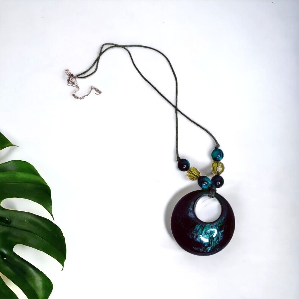 Bohemian Jewelry Green Round Resin Marbleized‎ Pendant Necklace with beads